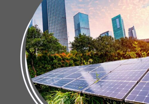 A city skyline with solar panels in the foreground